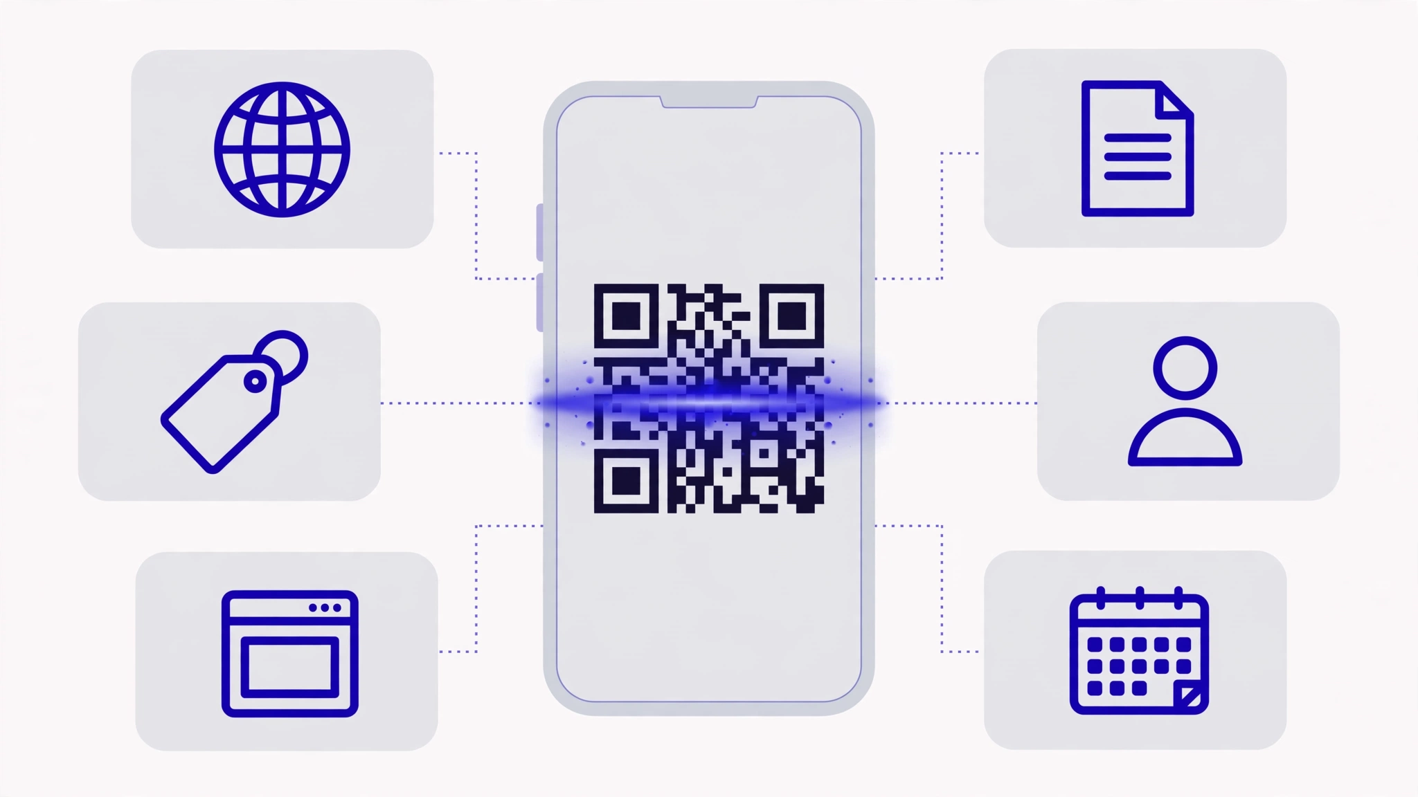 Ilustración de las distintas cosas que puede abrir un código QR: una página web, un archivo, una tarjeta de contacto y una aplicación
