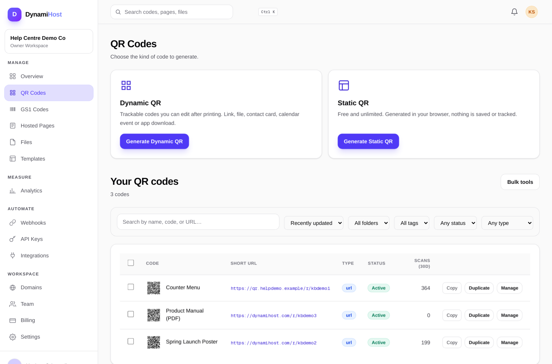 The codes page in the dashboard, where every code shows its destination, scan count and status