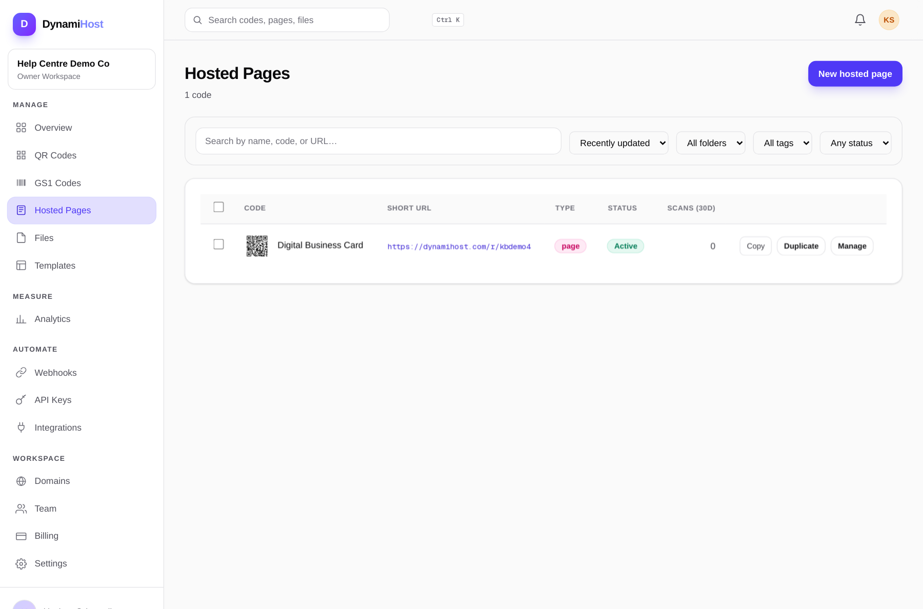 The hosted pages list, showing pages and the codes that serve them