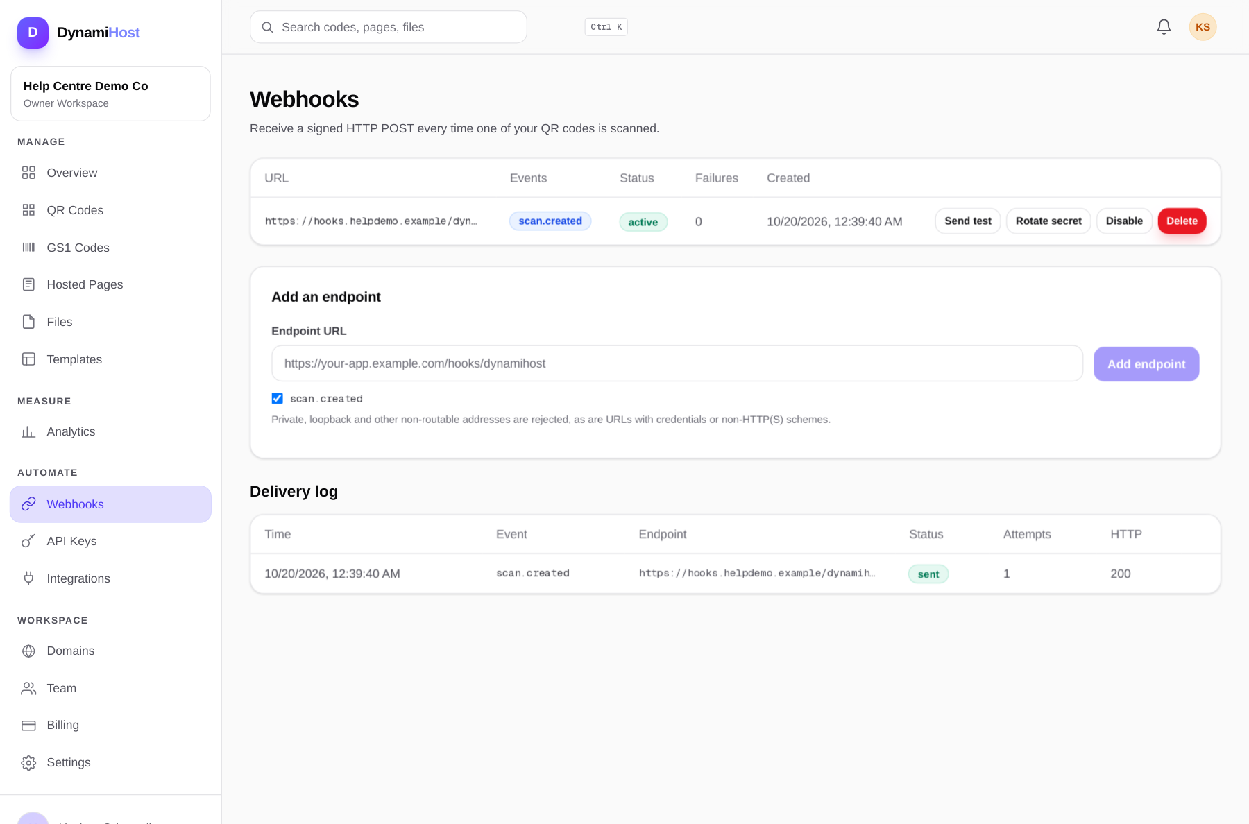Un endpoint webhook avec ses contrôles de secret de signature et ses livraisons récentes