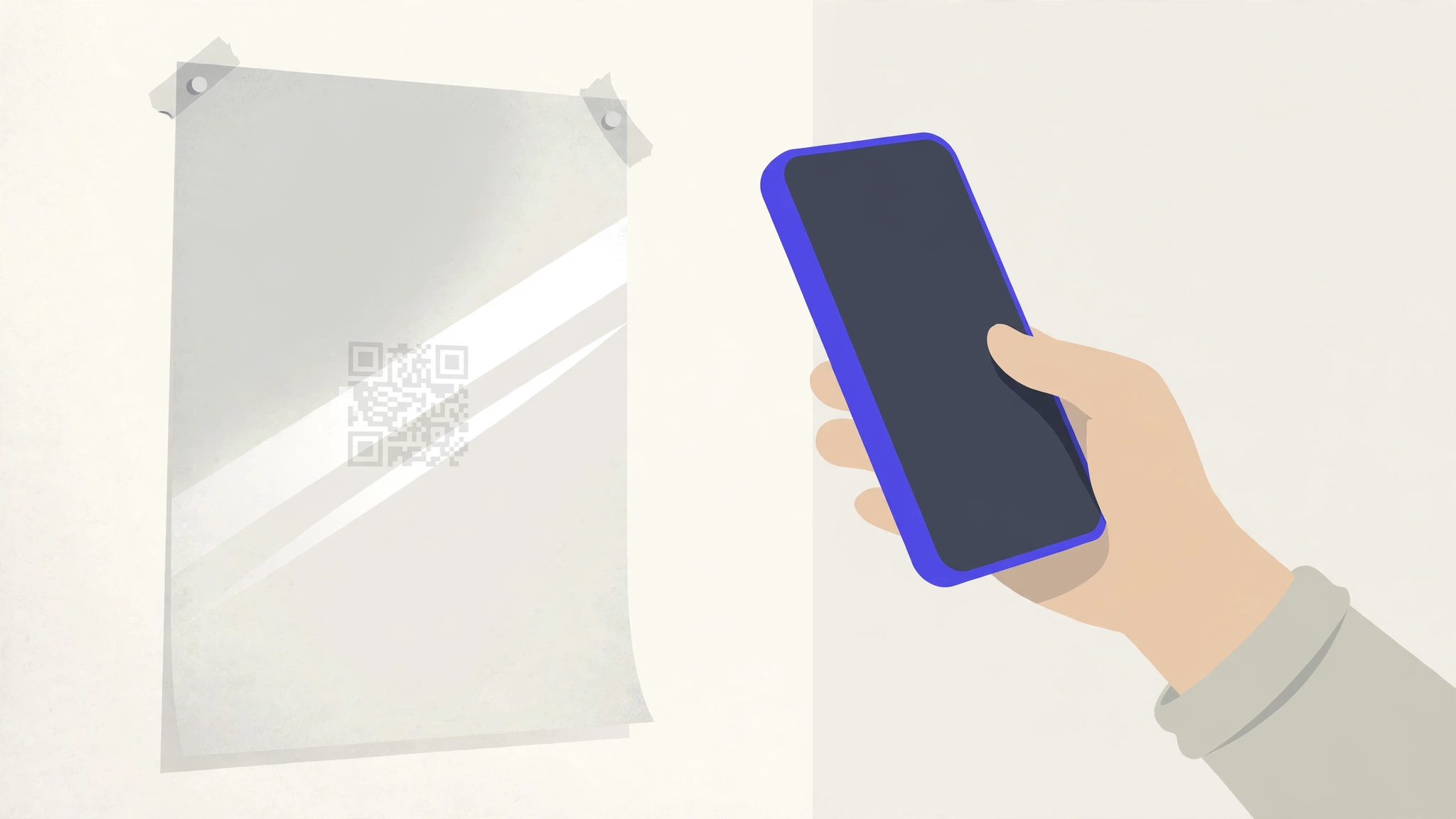 Illustration of a phone failing to scan a small, low contrast QR code on a glossy poster