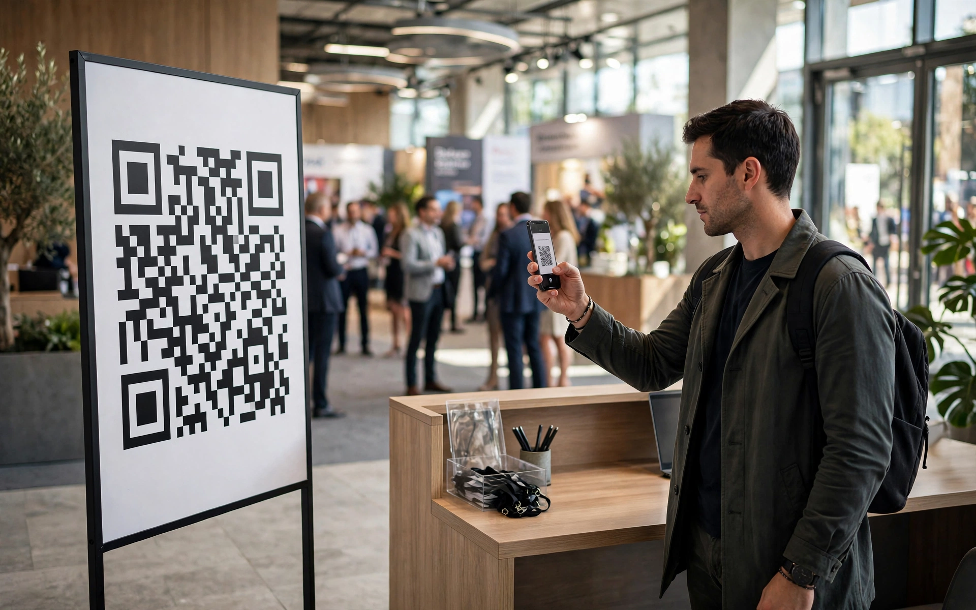 Attendee scanning a QR code on a sign at a conference venue