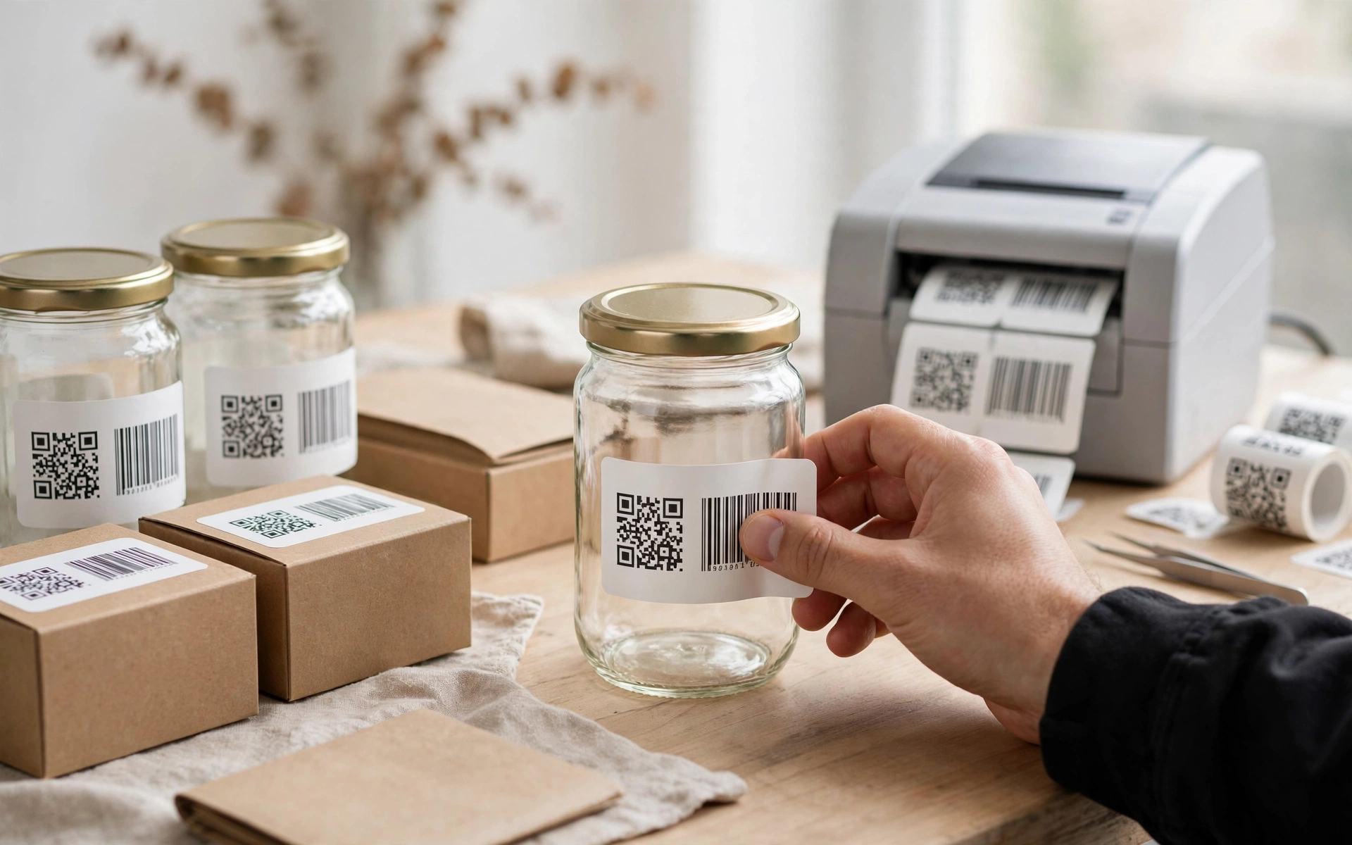 Applying printed QR and barcode labels to product jars and boxes