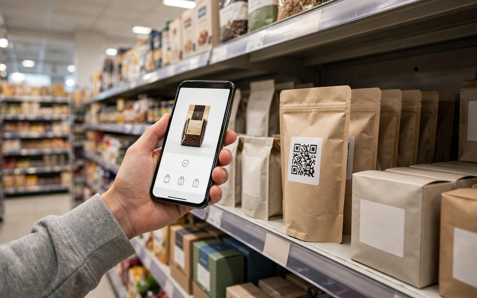 Shopper scanning the GS1 QR code on a product in a grocery store